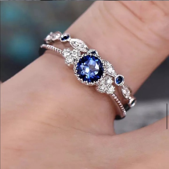 2 Pcs/Set Sterling Silver Luxury Crystal Blue Ring - Picture 4 of 4